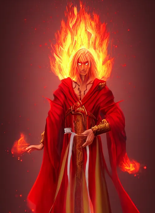 Image similar to Half-body portrait of a scarred elven fire mage in red and gold robe with flaming hands. In style of Hyung-tae Kim, concept art, trending on ArtStation, Korean MMORPG.