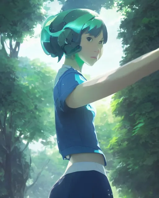 Image similar to a girl wearing a blue and green outfit that looks like earth, full shot, atmospheric lighting, detailed face, by makoto shinkai, stanley artgerm lau, wlop, rossdraws
