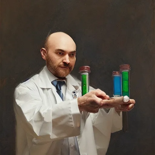 Image similar to fox foxman wearing a doctor outfit holding glowing test tubes by ruan jia, portrait