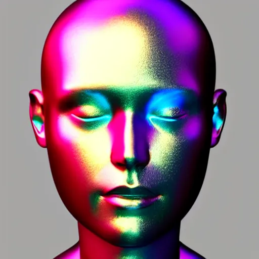 Image similar to 3d render of holographic human robotic head made of glossy iridescent, surrealistic 3d illustration of a human face non-binary, non binary model, 3d model human, cryengine, made of holographic texture, holographic material, holographic rainbow, concept of cyborg and artificial intelligence