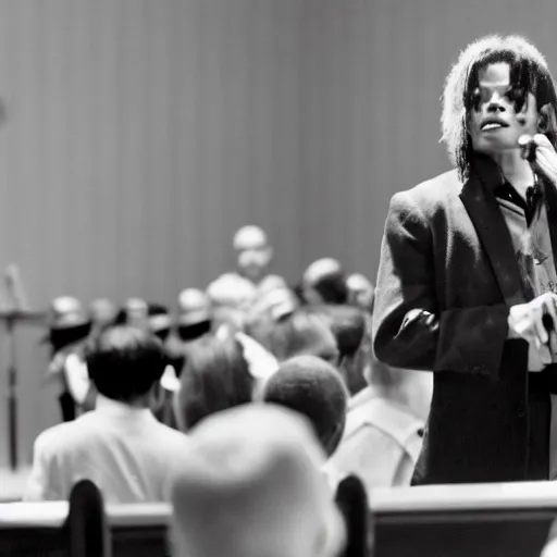 Image similar to cinematic still of Michael Jackson preaching at a Baptist Church in Rural Tennessee, close up, shallow depth of field, cinematic