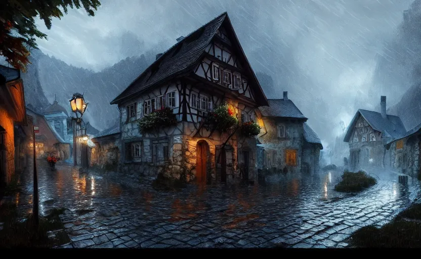 Image similar to extreme long shot concept art depicted rainy old austrian village, high details, dramatic mood, deep environment, art by legends of runeterra and tomasz jedruszek and gabor szikszai, trending on artstation, unreal engine, 8 k, 4 k