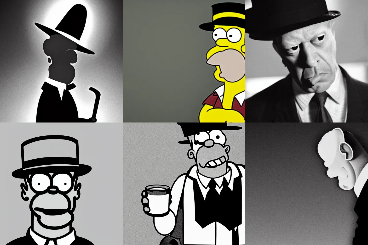 Prompt: homer simpson in a noir film, fedora, cigarette smoke, dark shadows, full resolution