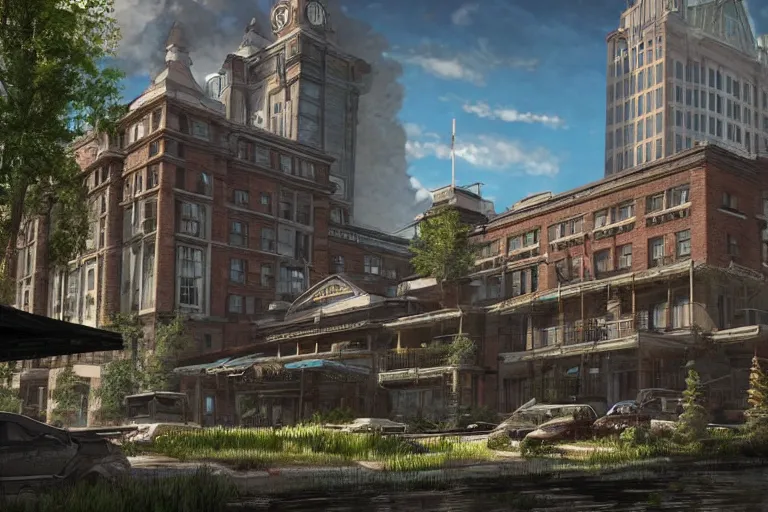 Prompt: realistic digital concept art of palliser hotel, calgary alberta being reclaimed by nature in the last of us, or horizon zero dawn, and tokyo genso style