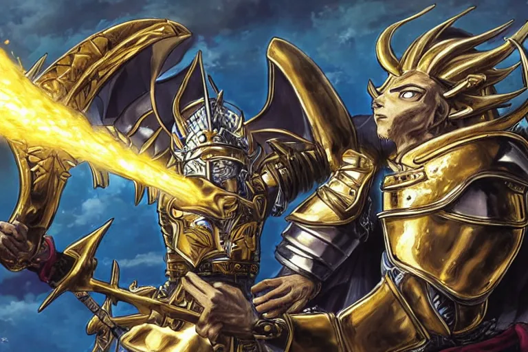 Prompt: an ultra detailed portrait of king richard the lionhearted as a paladin shonen anime protagonist charging into battle wearing a horned helmet and bright gold armor with a huge flaming longsword blessed by god, epic anime fantasy, 8 k, volumetric lighting, smooth, highly detailed, digital illustration, art by kentaro miura and akira toriyama and artgerm