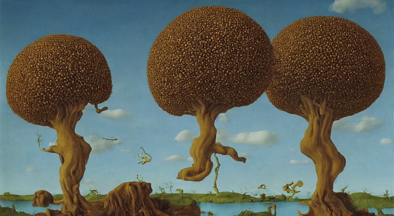 Prompt: one single! fungi tree floating in the clear sky, a high contrast!! ultradetailed photorealistic painting by jan van eyck, audubon, rene magritte, agnes pelton, max ernst, walton ford, hard lighting, masterpiece