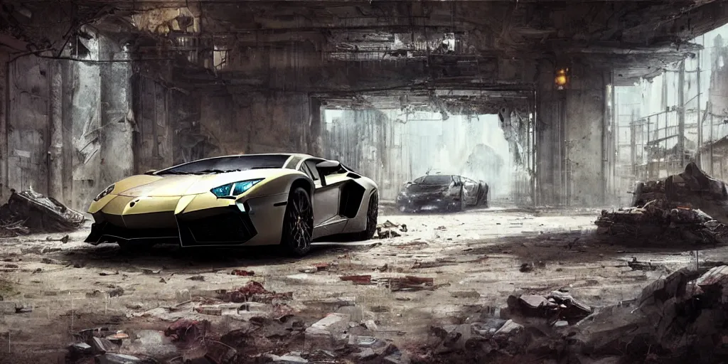 Prompt: lamborghini aventador in the abandoned city by frank frazetta, greg rutkowski, beeple, yoko taro