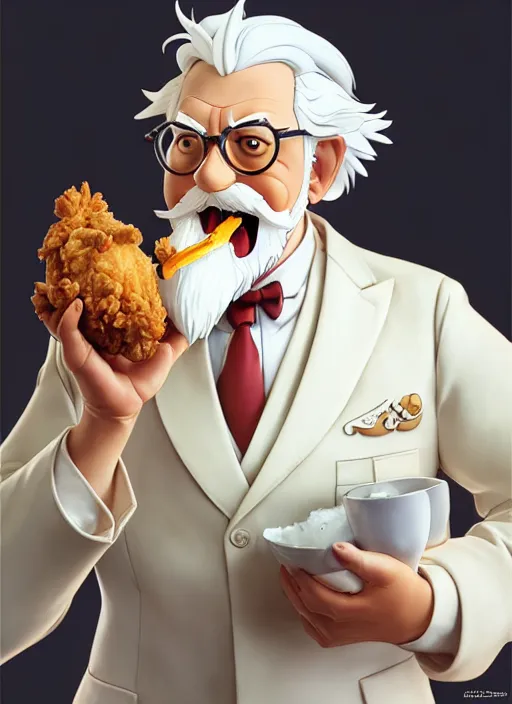 Image similar to cute colonel sanders eating fried chicken, natural lighting, path traced, highly detailed, high quality, digital painting, by don bluth and ross tran and studio ghibli and alphonse mucha, artgerm