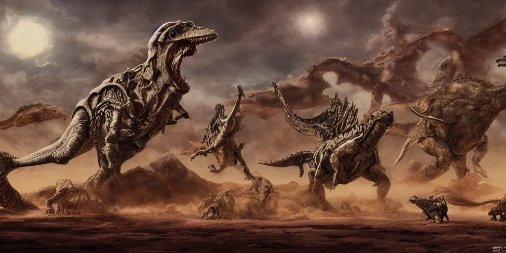 Prompt: hard metal rockers riding dinosaurs in the space desert, boris vallejo style, steampunk, hyper detailed, digital art, cinematic lighting, 8 k