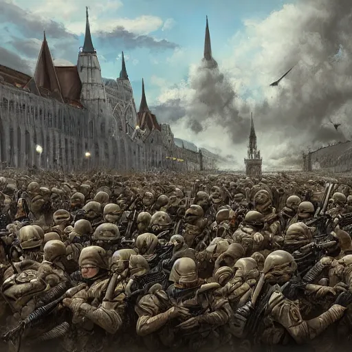 Image similar to army of the european union invades budapest 2 0 2 2, highly detailed painting, digital painting, artstation, concept art