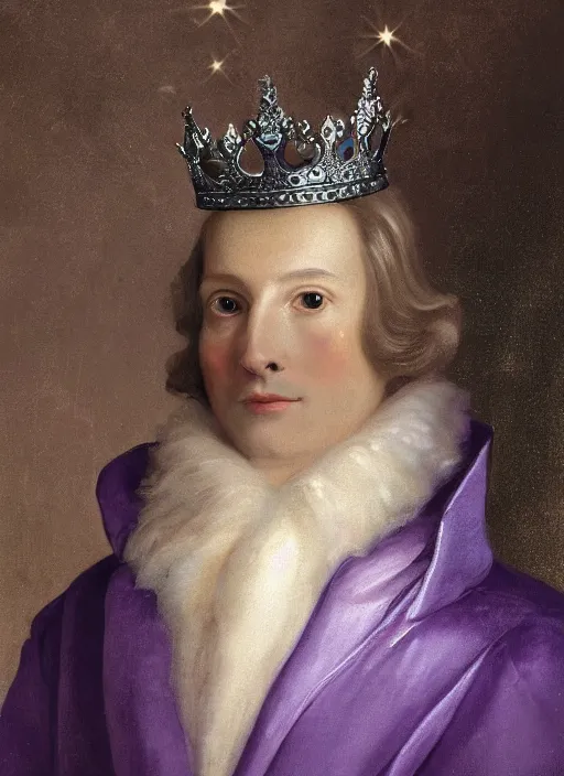 Prompt: close-up portrait of anthropomorphic owl Prince, man with a head of barn owl, glowing eyes, in a crown, soft glowing, wearing long royal robe, lilac, silver, black, bokeh, blurred space, stars, dreamy, romantic, painting in the museum, highly detailed, sharp focus, digital painting, artwork, by John James Audubon by Victor Adame Minguez by Yuumei by Tom Lovell by Sandro Botticelli