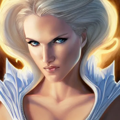 Prompt: portrait of emma frost, a beautiful woman in her 3 0 s with white blonde hair and blue eyes dressed in a fashionable white suit, detailed face, beautiful face, delicate features, smooth, sharp focus, graphic novel, art by artgerm and greg rutkowski and joe madureira and alan davis,