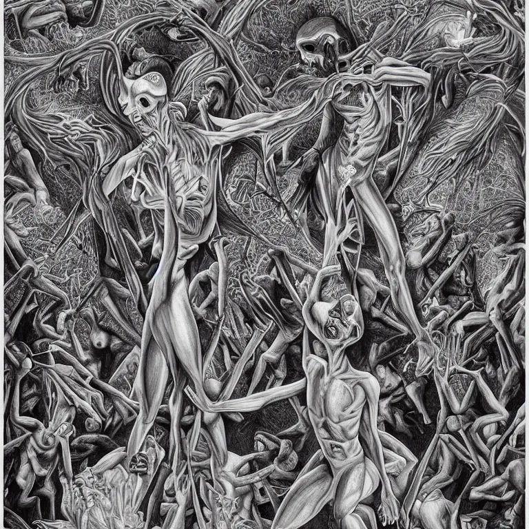 Image similar to transformation through death by Alex Grey and M. C. Escher collaboration