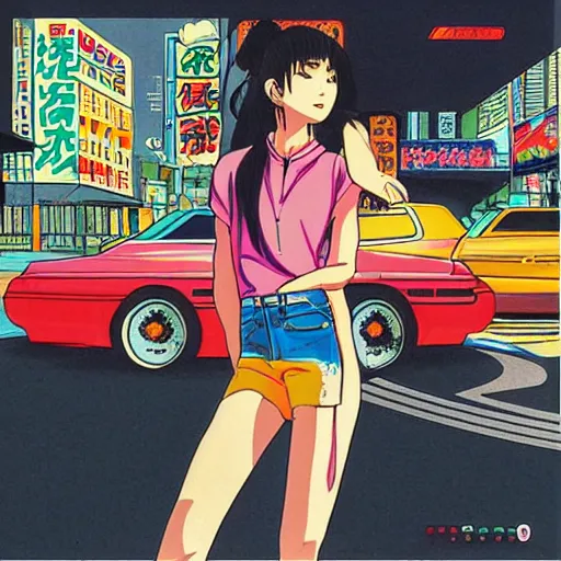 Image similar to album - cover of a 1 9 8 0 s japanese city - pop record featuring an anime illustration by mizucat. cute stylish woman ; sports car ; neon ; urban summer drive.