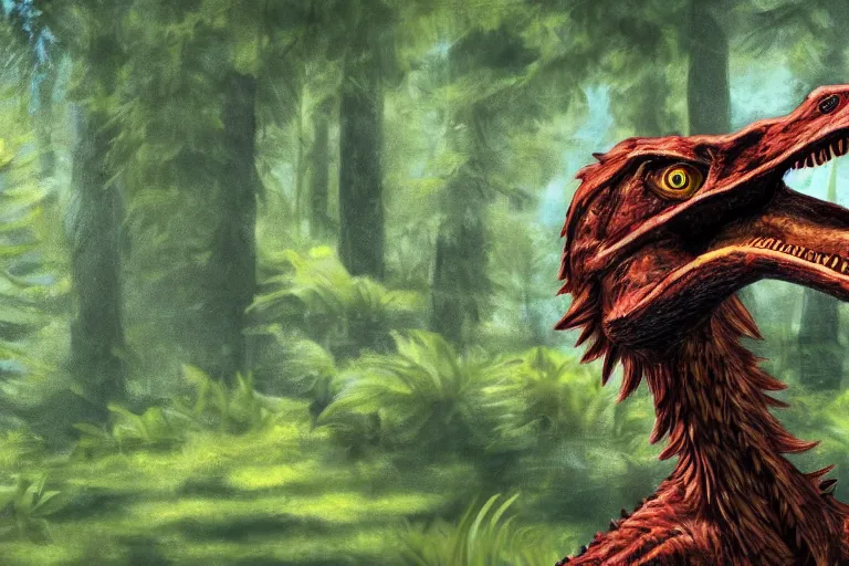 Image similar to highly detailed photograph of a oil velociraptor!! in the forest, featured on pixiv