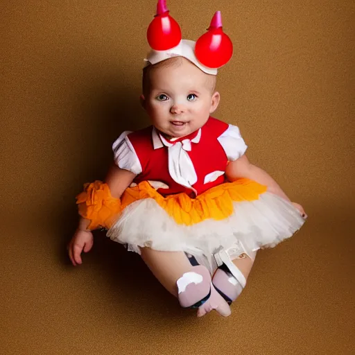 Image similar to A photograph of a baby dressed up as a clown, studio lighting, studio quality