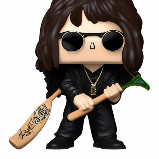 Image similar to a Funko Pop collectible of Ozzy Osbourne. long hair. holding a bat with wings in one hand