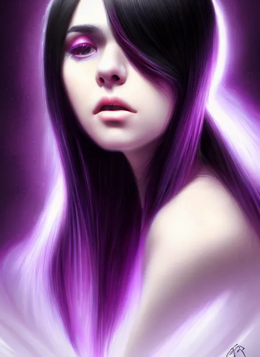 Image similar to portrait of teenage girl with white bangs, red irises, black hair, purple clothes, white bangs, bangs are different color from hair, intricate, front of hair is white rest is black, elegant, glowing lights, highly detailed, digital painting, artstation, concept art, smooth, sharp focus, illustration, art by wlop, mars ravelo and greg rutkowski