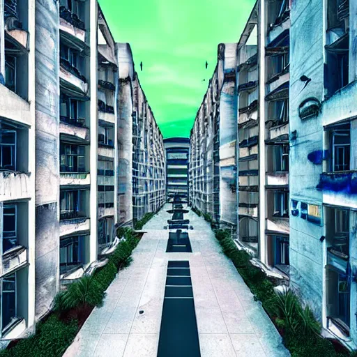 Image similar to “derelict architecture housing neighborhood , housing designed by architect Santiago Calatrava, architecture digest, building surrounded in a renaissance environment, neon tones, fluorescent lighting,volumetric Lighting, photorealism, high detail, golden ratio, cinematic, octane renderer”