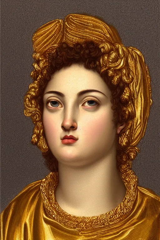 Image similar to Ruth, face closeup, ultra detailed, gold, dressed in roman clothes, ultra detailed, art by Guido Reni style