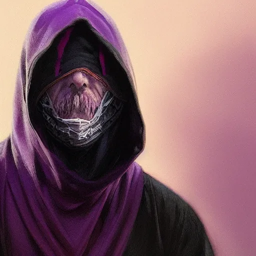 Image similar to ultra realistic illustration, man in a black hood, in a striped purple balaclava, mysterious, highly detailed, digital painting, artstation, concept art, smooth, sharp focus, illustration, art by artgerm and greg rutkowski and alphonse mucha