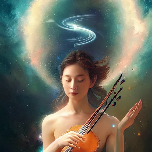 Prompt: a high quality portrait of a celestial goddess of life playing a mystical violin and springing life into the universe, by WLOP, by Beeple, by greg rutkowski