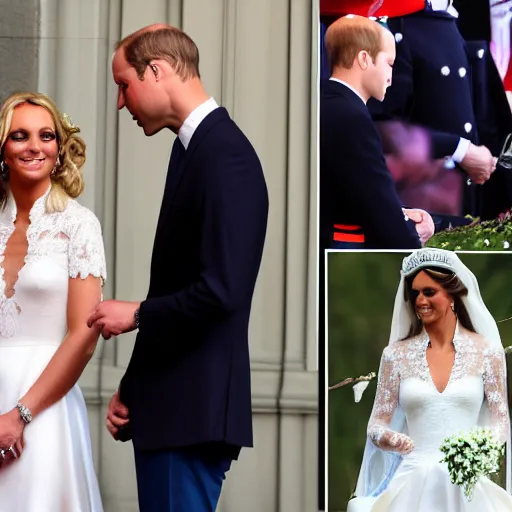 Image similar to detailed close up photos the duke of cambridge prince william marrying american popstar britney spears, happy couple, human, wedding photos on instagram, official photos, wedding photo