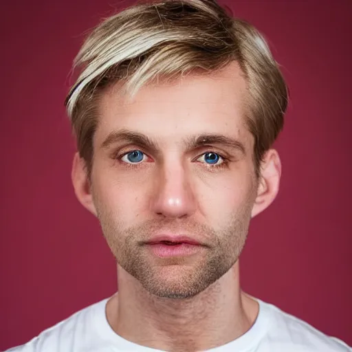 Image similar to full face color photograph of a 35 year old very handsome white man with very short light blond hair and small blue eyes, dressed in a maroon t shirt and black jeans, with very thin lips, with a straight nose and pale skin. He has masculine but gentle features.