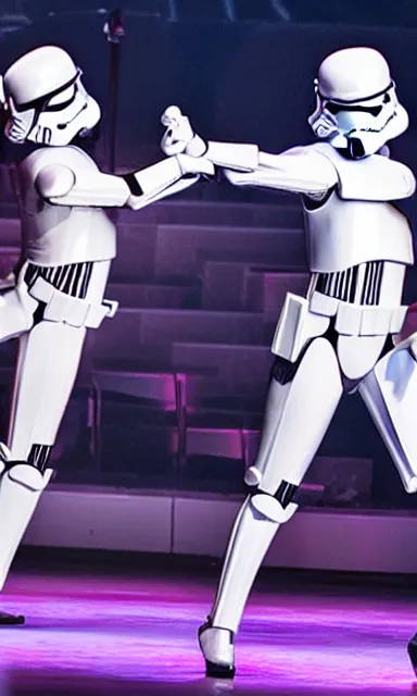 Prompt: radio city rockettes kicking while wearing stormtrooper helmets