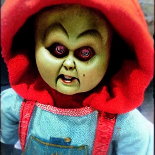 Prompt: creepy vintage Chucky doll on sale at a garage sale