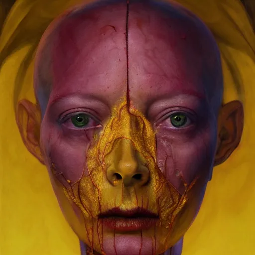 Image similar to Woman masterpiece, Tilda Swinton, bald, multiple halos, blood dripping down the head, yellow, galaxies in the background, golden halo behind her head, wires everywhere, by Edgar Maxence and Ross Tran, Zdzisław Beksiński, and Michael Whelan, gustav dore, H.R. Giger, 8k, octane render