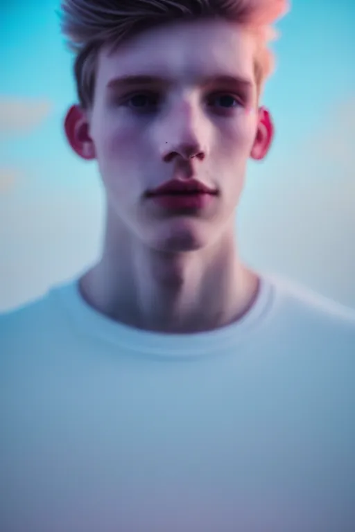 Prompt: high quality pastel coloured film mid angle selfie photograph of a beautiful young 2 0 year old male, soft features, standing in an icelandic black rock environment. atmospheric. three point light. photographic. art directed. ( pastel colours ). volumetric light. stark. waves glitch. 8 k. filmic.