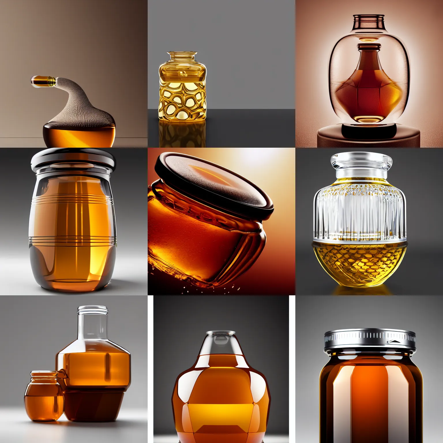 Prompt: award winning product photography of an extremely beautiful honey jar designed by Zaha Hadid, 8k render, 4k, octane render, trending on artstation, beautiful imagery, hero shot