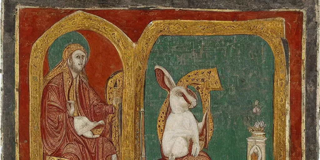 Prompt: byzantine art showing a white rabbit seated on a throne