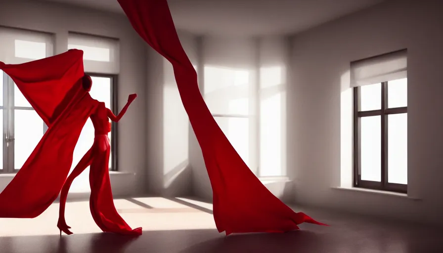 Image similar to a figure covered by red cloth is standing in a beautiful penthouse with atmospheric light, digital art, concept art, cloth simulation with houdini, smoke, octane, redshift, 8 k