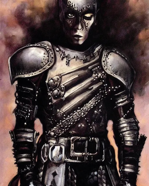 Prompt: portrait of a skinny punk goth denzel washington wearing armor by simon bisley, john blance, frank frazetta, fantasy, thief warrior