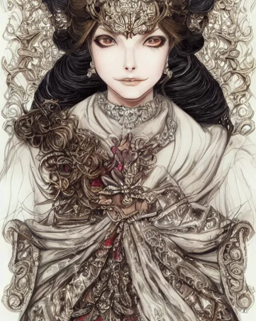 Image similar to portrait of a queen, elegant, beautiful, mesmerizing, concept art, fancy clothing, highly detailed, artstation, behance, deviantart, trending, ayami kojima, shinichi sakamoto, kaoru mori