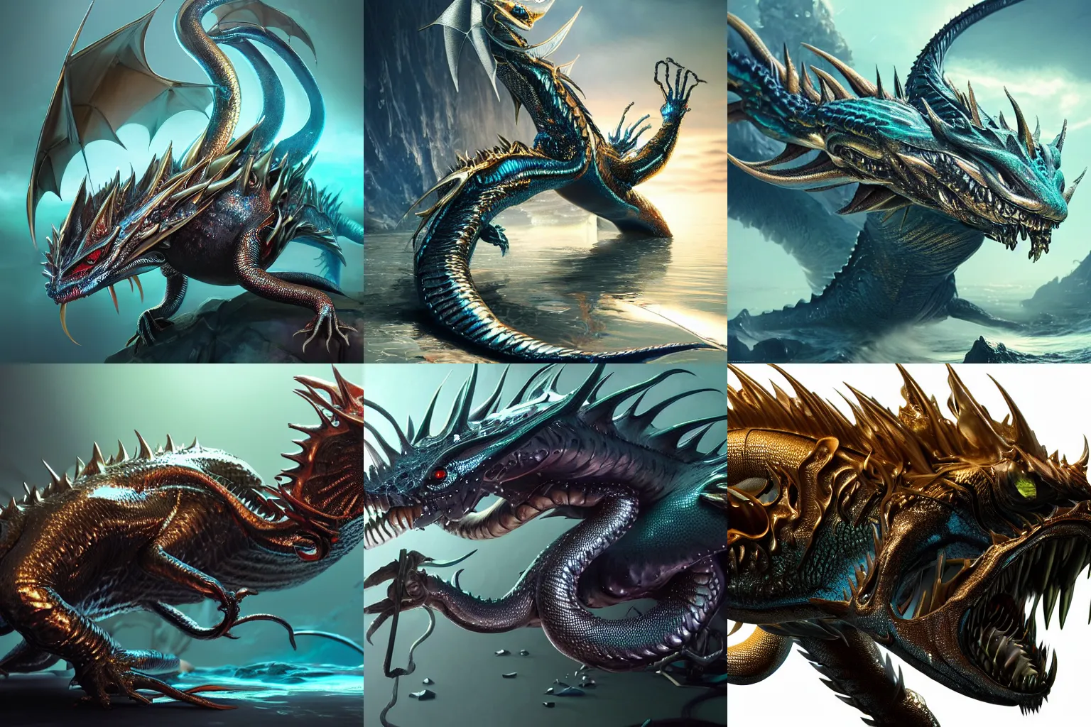 Prompt: cool metallic dragon, deep sea creature, made by stanley artgerm lau, wlop, rossdraws, artstation, cgsociety, concept art, cgsociety, octane render, trending on artstation, artstationhd, artstationhq, unreal engine, 4 k, 8 k,