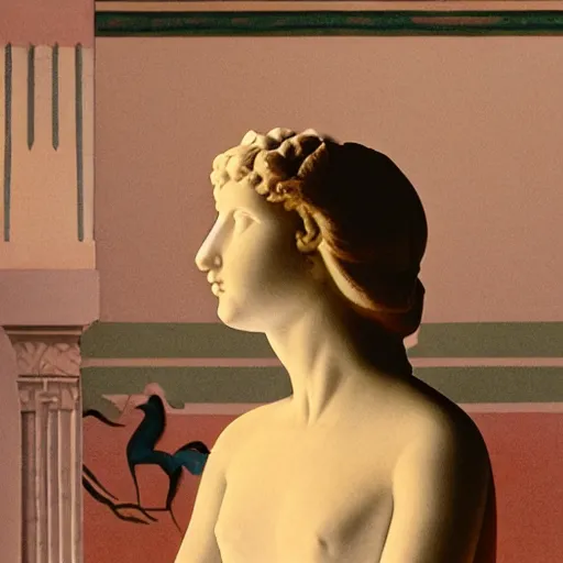 Image similar to close - up of a girl in a temple, film still by wes anderson, depicted by canova, limited color palette, very intricate, art nouveau, highly detailed, lights by hopper, soft pastel colors, minimalist