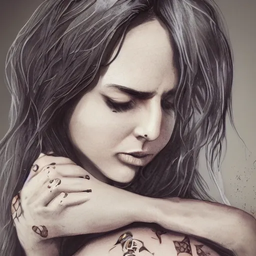 Image similar to Hot young woman, grey skin, void eyeballs, tattoos, wearing a leather jacket, hugging a shrouded man as they cry on her chest, comforting, touching, wholesome, digital art, concept art, unreal engine 5, watercolour, big sister, little brother, realistic, 4k, 8k