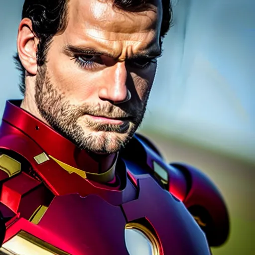 Prompt: close up portrait mid shot henry cavill wearing iron man armor