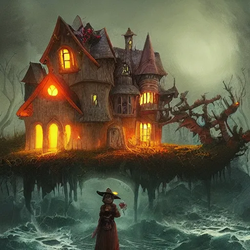 Image similar to a scary witch in front of a witch house made out of candy, floating on the ocean, epic scene, fantasy, cinematic, hyper - detailed, in the style of greg rutkowski