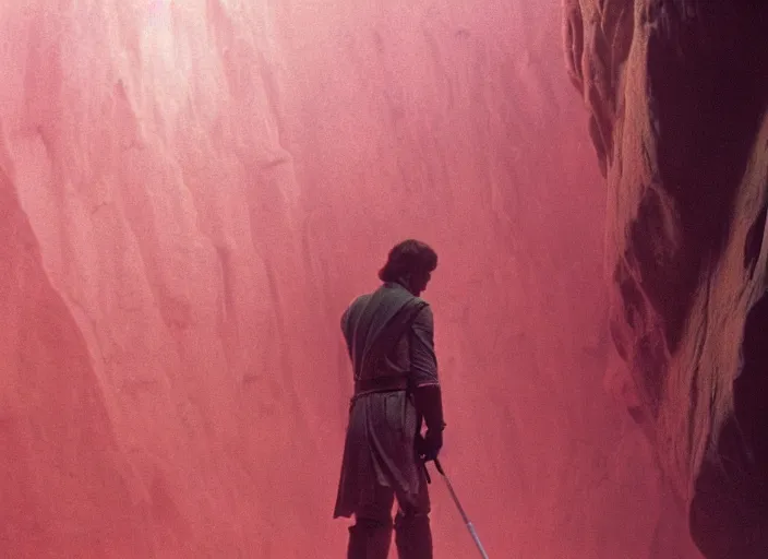 Image similar to detailed photo of Luke skywalker uncovering the secrets of the ancient jedi texts. a dark pink hazy ethereal cave from Indiana jones, screenshot from the 1983 film, Photographed with Leica Summilux-M 24 mm lens, ISO 100, f/8, Portra 400