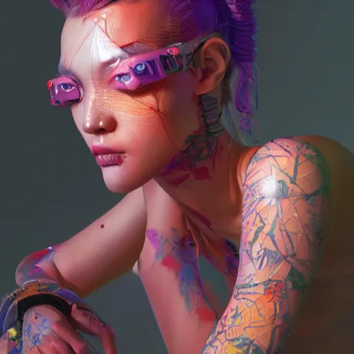 Prompt: the portrait of an absurdly beautiful cyberpunk gravure idol, an ultrafine hyperdetailed illustration by kim jung gi, irakli nadar, hanna moon, leslie zhang intricate linework, bright colors, collage, porcelain skin, unreal engine 5 highly rendered, cgsociety, global illumination, radiant light, detailed and intricate environment