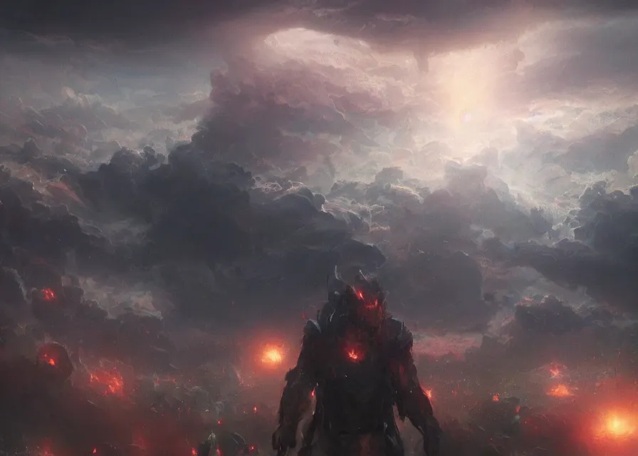 Image similar to large abstract painting of giant grinning evil dynamic unfocused Joe Biden head emerging from cosmic clouds at giant immense crowd of person army, trending on ArtStation, masterpiece, by Greg Rutkowski, by Ross Tran, by Fenghua Zhong, octane, lightbeam eyes, soft render, clear facial features, oil on canvas,, moody lighting, cinematic, professional environment concept art