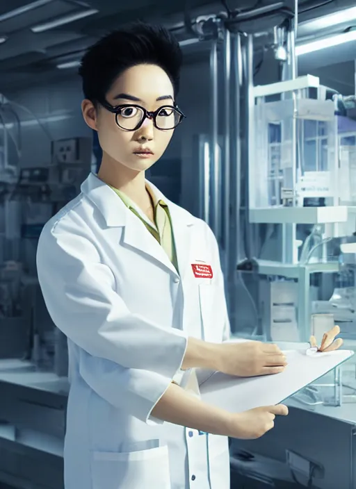 Prompt: beautiful asian girl with short white hair, wearing lab coat and glasses, holding a clipboard, standing inside a research facility, character portrait, 1 9 6 0 s, long hair, intricate, elegant, highly detailed, digital painting, artstation, concept art, smooth, sharp focus, illustration, art by wlop, mars ravelo and greg rutkowski