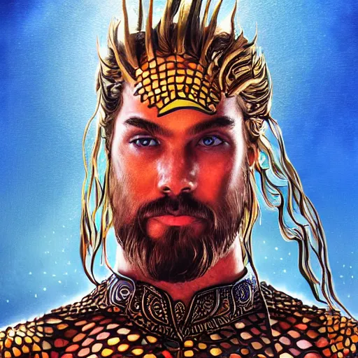 Image similar to intricate five star portrait of aquaman dressed up at the burning man festival, oil on canvas, hdr, high detail, photo realistic, hyperrealism, matte finish, high contrast, 3 d depth, centered, masterpiece, tasteful colors, enhanced light effect, enhanced eye detail, artstationhd