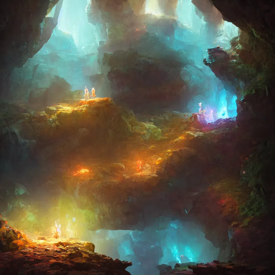 Image similar to a single crystal in a cave, colorful by greg rutkowski, painted by raymond swanland, digital art, octane render, 4k, unreal engine