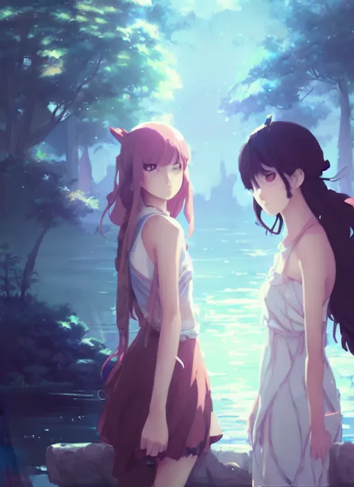 Prompt: 2 girl in fantasy clothes playing water. illustration concept art anime key visual trending pixiv fanbox by wlop and greg rutkowski and makoto shinkai and studio ghibli