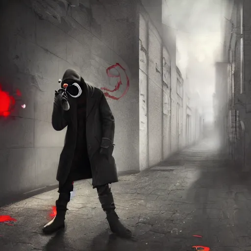 Image similar to hooden villain wearing a gas mask with red goggles, smoke coming out of his long coat, dark background, wall with graffiti, unreal engine 5, ultra realistic, detailed, fog, by greg rutkowski